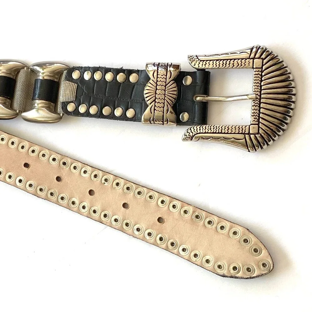Vintage Black Leather, Silver Metal and Mesh Belt - Goth, Punk, Emo - Picture 3 of 8